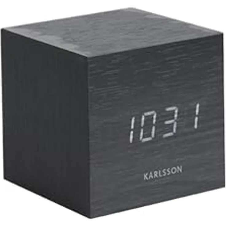 Karlsson Wecker Mini Cube, kompakter Holzfurnier-Wecker in Schwarz mit Alarmfunktion, 8x8x8cm für Schlafzimmer