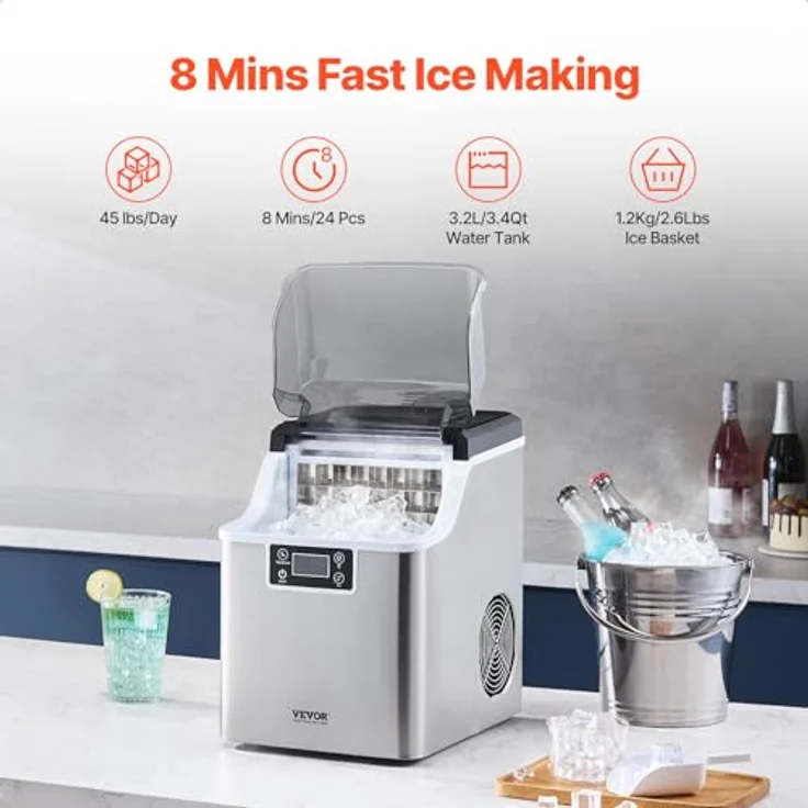 VEVOR Eismaschine, tragbarer Eisbereiter mit 24 Eisstücken in 15 Minuten, 20,4 kg/24 Stunden, Silber – Bild 2