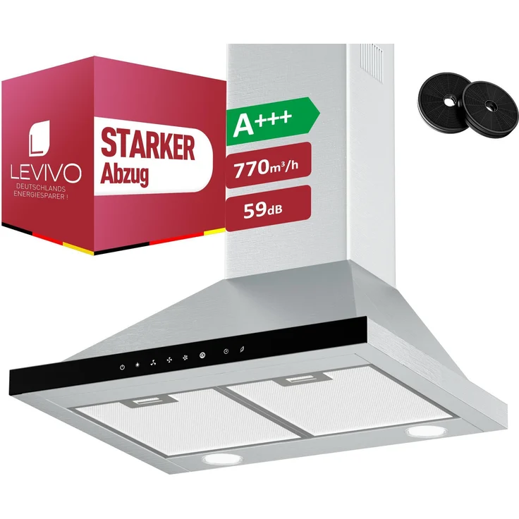 LEVIVO Dunstabzugshaube 60cm, A+++ Umluft & Abluft, 770 m³/h, 3 Stufen + Booster, Edelstahl mit 2 Aktivkohlefiltern & 2 Fettfiltern