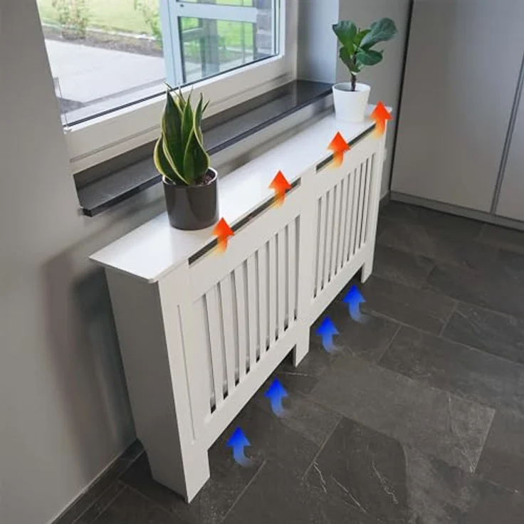 Toboli Heizkörperverkleidung Weiß, 172x19x82cm MDF Heizkörperabdeckung mit Lamellenoptik und kindersicherem Design – Bild 6