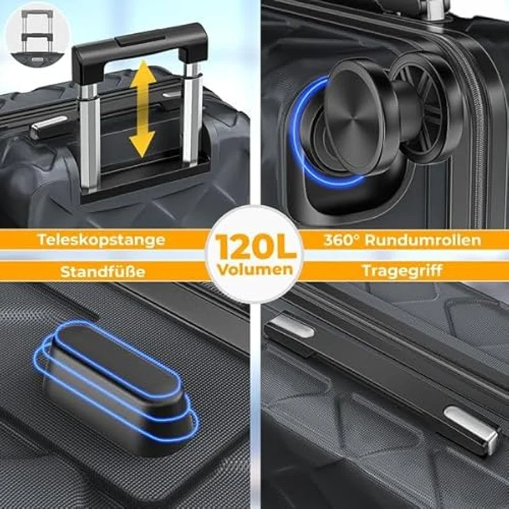 KESSER® Reisekoffer 120L ABS Hartschalenkoffer mit Zahlenschloss, Kofferwaage, 360° Rollen und Teleskopstange, Charcoal – Bild 5
