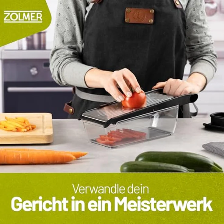 ZOLMER® Gemüsehobel Verstellbar, Gemüseschneider mit zwei extra scharfen Julien Messern, inkl. Fingerschutz und Auffangschale, 1-5 mm Schnittstärke – Bild 2