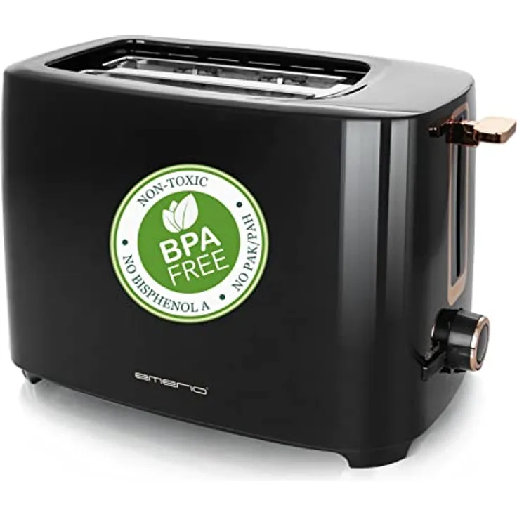 Emerio TO-125131.1 Toaster mit 2 extra Breiten Toastschlitzen für 2 Toastscheiben in einem Rutsch, herausnehmbare Krümelschublade, 7 einstellbare Bräunungsstufen, 700W, BPA frei, schwarz/Gold
