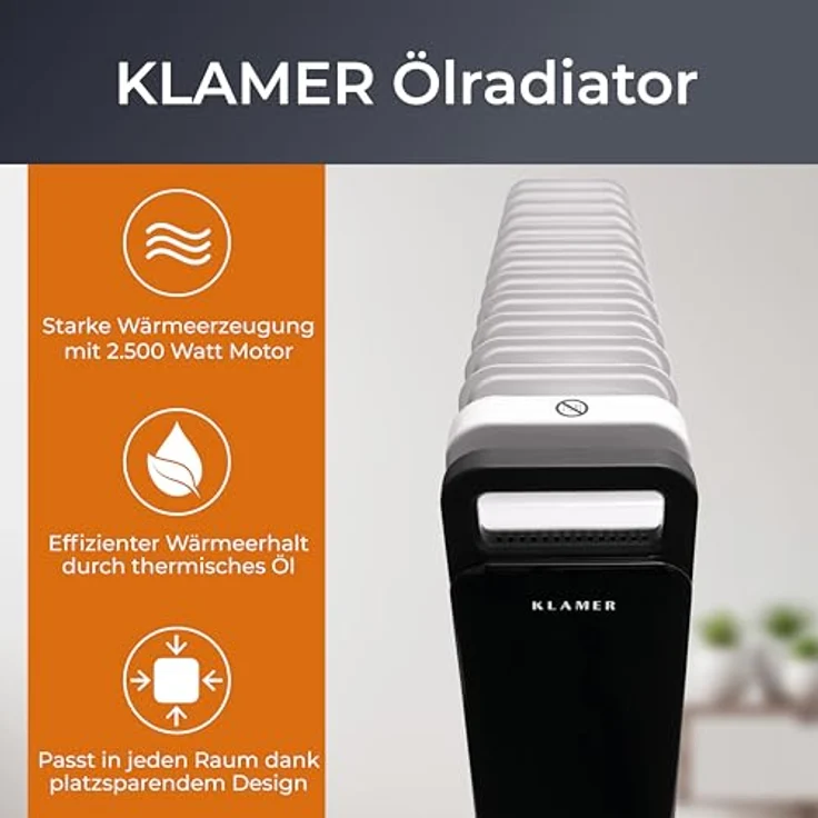 KLAMER Ölradiator 2500 W, Elektroheizung energiesparend, 13 Rippen, 3 Heizstufen mit Eco-Modus, 24h Timer, Thermostat, Überhitzungs- & Kippschutz, mit Fernbedienung, für Innenräume, weiß – Bild 2