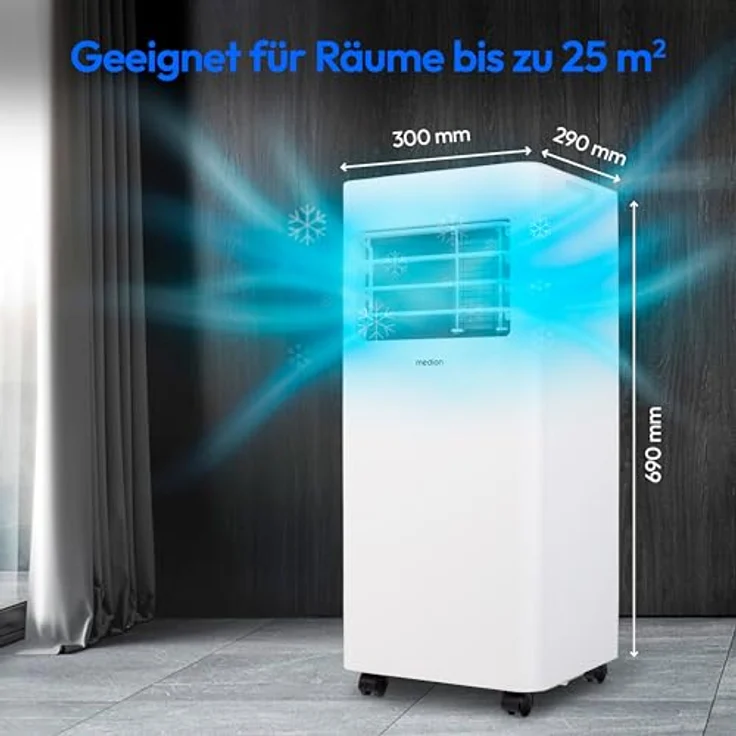 MEDION Mobile Klimaanlage mit Abluftschlauch E901 (9000 BTU, mobil, inkl. Fensterabdichtung, bis 32m², 3in1 Kühlen Entfeuchten Ventilieren, Schlafmodus, MD 37731) – Bild 2