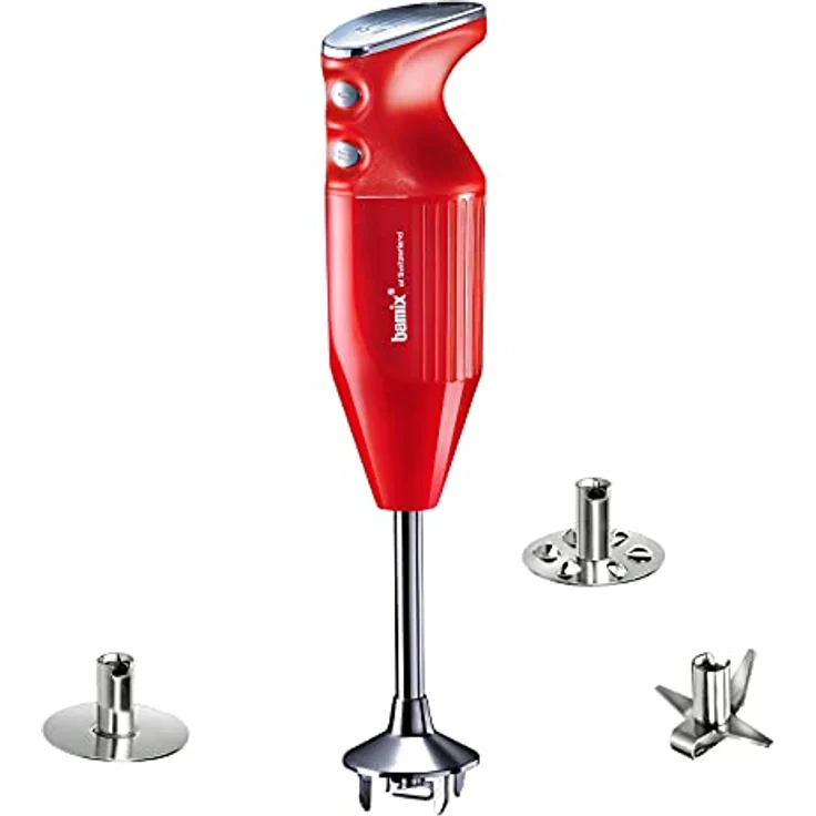 bamix Stabmixer Set M250 PRIME inkl. Multifunktionsmesser, Quirl, Schlagscheibe aus Edelstahl, 250 Watt, 2-Stufen, Made in Switzerland, Rot/Chrom – Bild 1