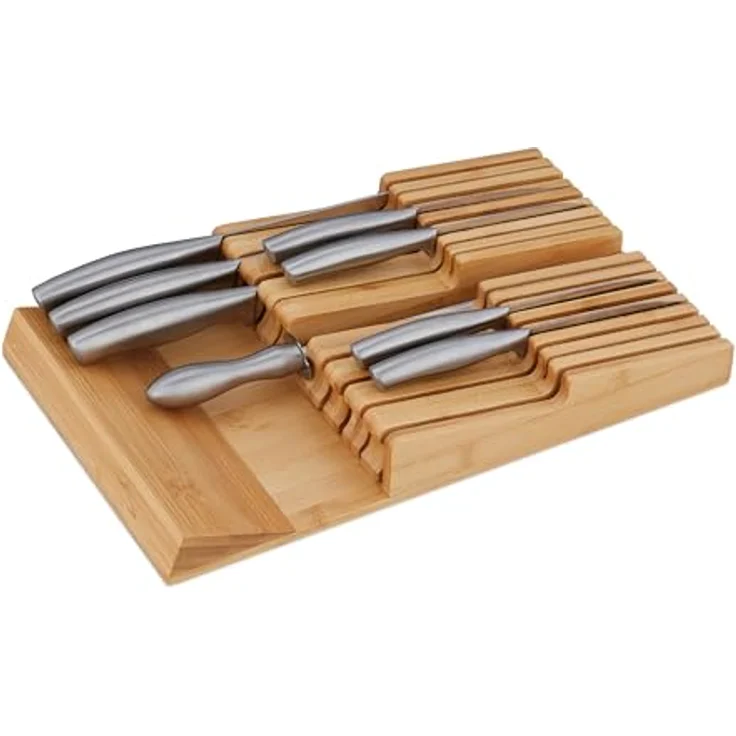 Relaxdays Messerhalter Schublade, für 9 Messer & Wetzstahl, Bambus Messerblock liegend, HxBxT: 5,5 x 13 x 40 cm, natur – Bild 1