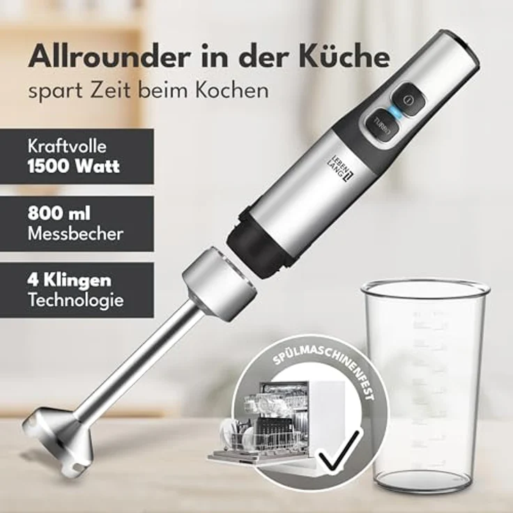 LEBENLANG 1500W Stabmixer Edelstahl, mit 800ml Messbecher, stufenlos verstellbar & Turbo-Funktion, Anti-Splash Design, spülmaschinenfest – Bild 2