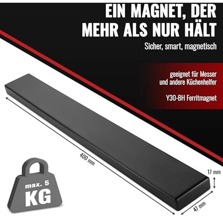 POPPSTAR Edelstahl Messer Magnetleiste 40cm, schwarz, mit extra starkem Magnet, selbstklebend und schraubbar – Bild 2