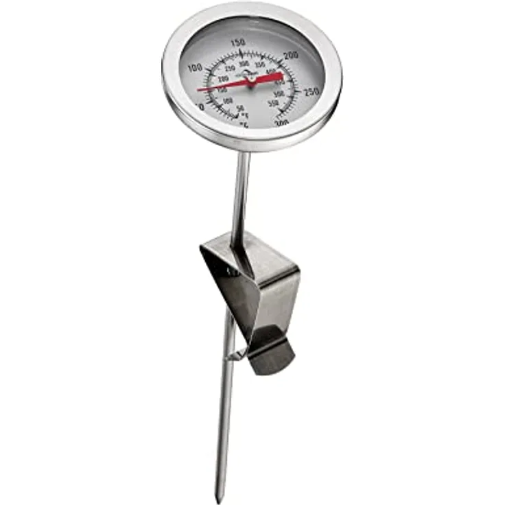Küchenprofi Frittier-Thermometer aus Edelstahl mit praktischem Clip, Küchenthermometer, Grillthermometer, Fleischthermometer analog, 0 - 300°C, Skala in °C und °F ablesbar, 21,2cm