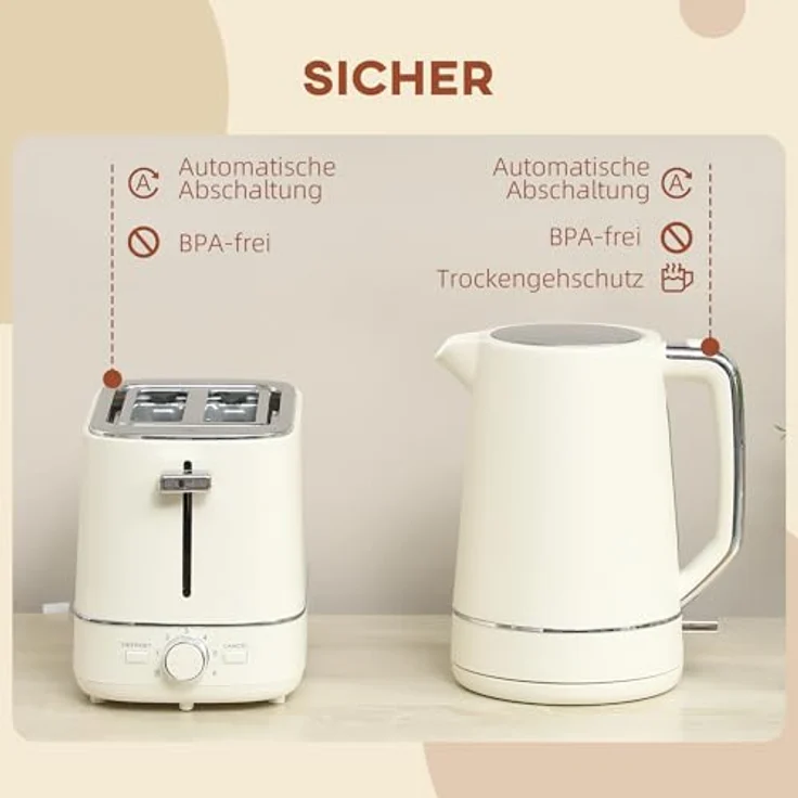 HOMCOM Kocher-Toaster-Set, Wasserkocher 1,7L mit Trockenkochschutz und Toaster mit 6 Bräunungsstufen, beige – Bild 6