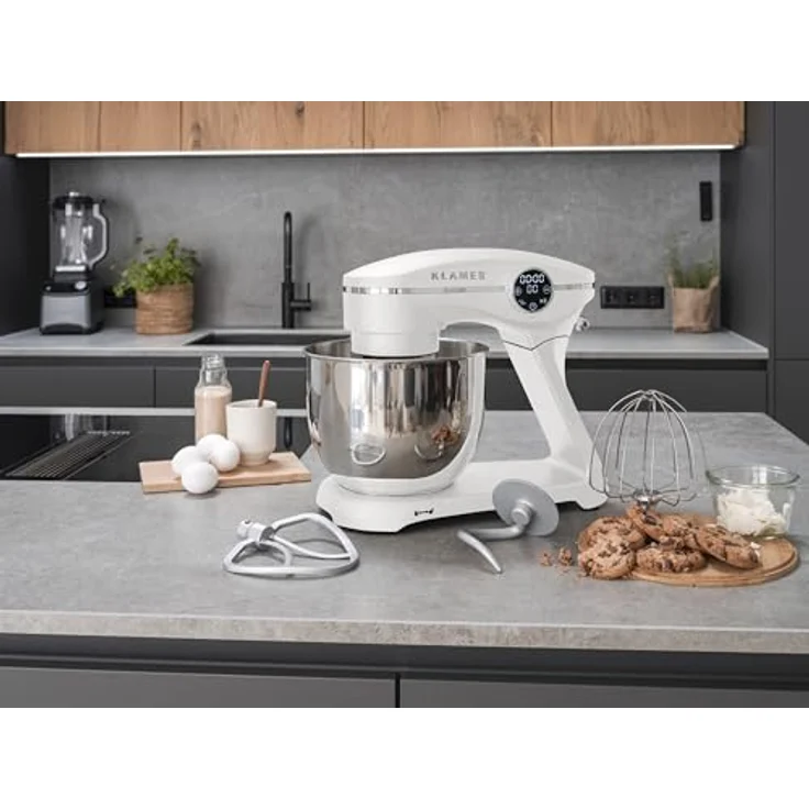 KLAMER Küchenmaschine 1800W, Knetmaschine mit 6 Liter Edelstahl Schüssel, 10 Geschwindigkeitsstufen mit Timer, Rührbesen, Knethaken, Schneebesen und Spritzschutz – Bild 2