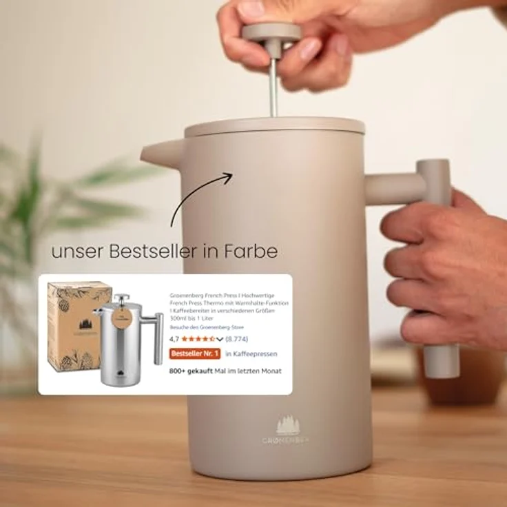 Groenenberg French Press Earth 600 ml, Kaffeepresse aus Edelstahl mit Thermo Warmhalte-Funktion, langlebig und robust, in bunten Farben erhältlich – Bild 2