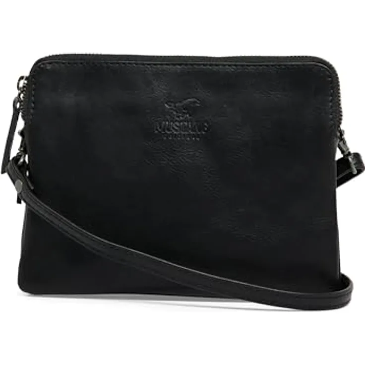 MUSTANG Catania Umhängetasche, schwarze Lederbag mit abnehmbaren Umhängeriemen und zwei Fächern