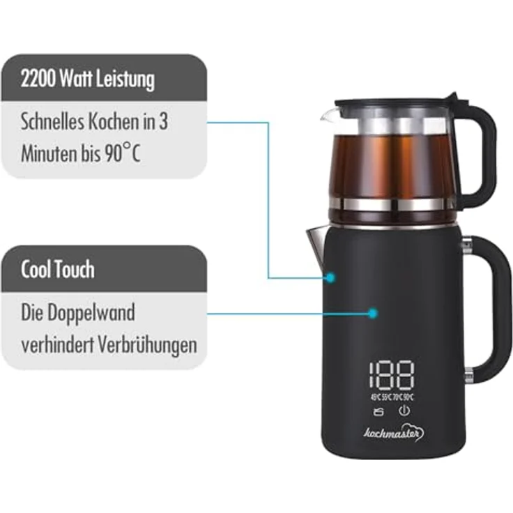 kochmaster Dem Keyfi Digital Vision Teekocher, 2200W mit Digitaldisplay und Trockenlauf-Schutz, mattes Gehäuse – Bild 3