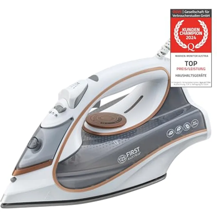 TZS First Austria Dampfbügeleisen I 2800-3200W I Keramiksohle I Selbstreinigung I Vertikaldampf I Anti-Kalk I Trockenbügeln I 0,45l Wassertank I 1.3kg | weiß
