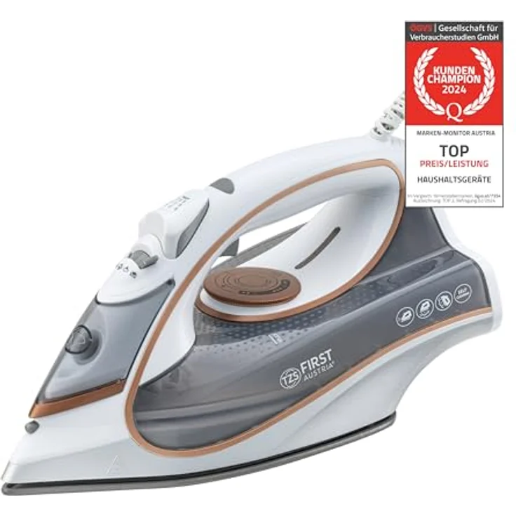 TZS First Austria Dampfbügeleisen I 2800-3200W I Keramiksohle I Selbstreinigung I Vertikaldampf I Anti-Kalk I Trockenbügeln I 0,45l Wassertank I 1.3kg | weiß – Bild 1
