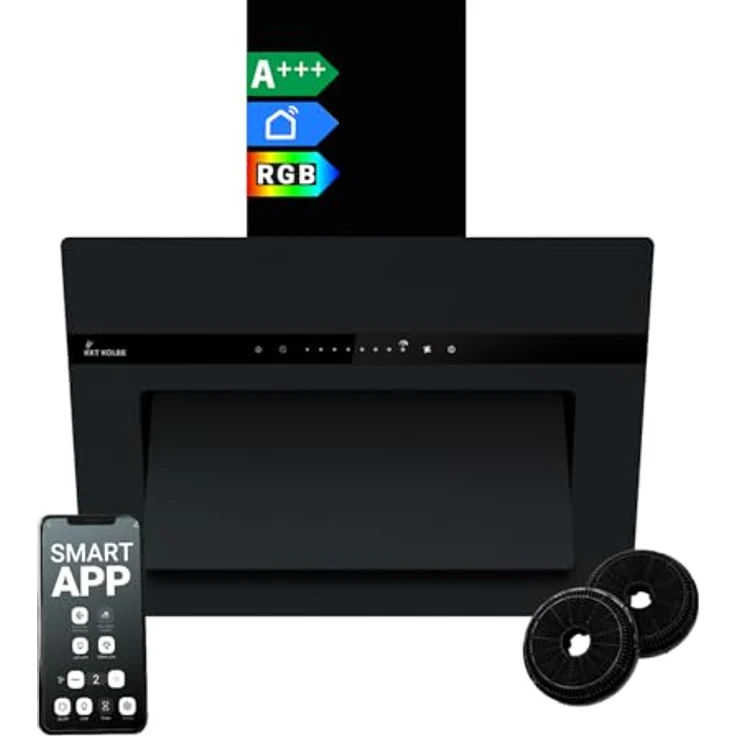KKT KOLBE PLOOM6005S A+++ Dunstabzugshaube 60 cm, 782 cbm/h, Umluft/Abluft, Kopffrei, Glas Matt Schwarz, Nachlaufautomatik, Smart WiFi, SensorTouch, RGBW LED-Beleuchtung – Bild 1