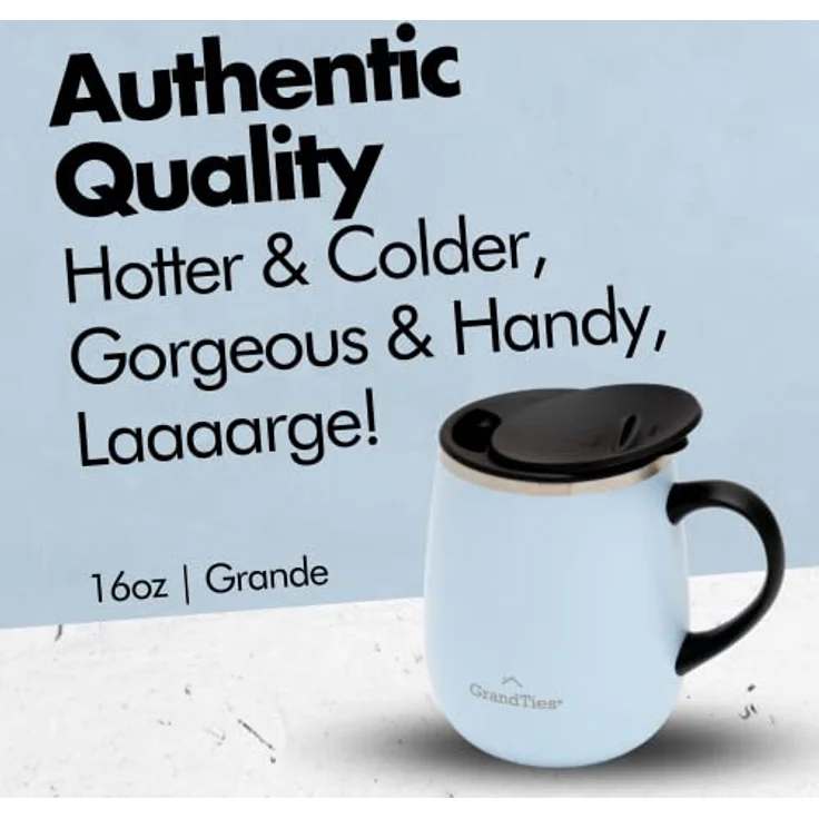 GRANDTIES Isolierter Kaffeebecher mit Griff – Schiebedeckel für spritzwassergeschützte 473 ml -Form Thermosbecher mit doppelwandigem Vakuum-Edelstahl, hält Getränke heiß & kalt – Glacier Lake – Bild 2