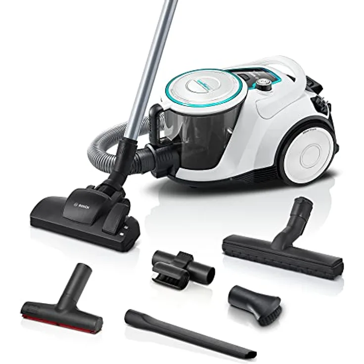 Bosch Staubsauger beutellos Serie 6 BGC41XHYG, Bodenstaubsauger, ideal für Allergiker, Hygiene-Filter, 10 Jahre Motorgarantie, Bodendüse für Parkett, Teppich, starke Saugleistung, leise, 700 W, weiß