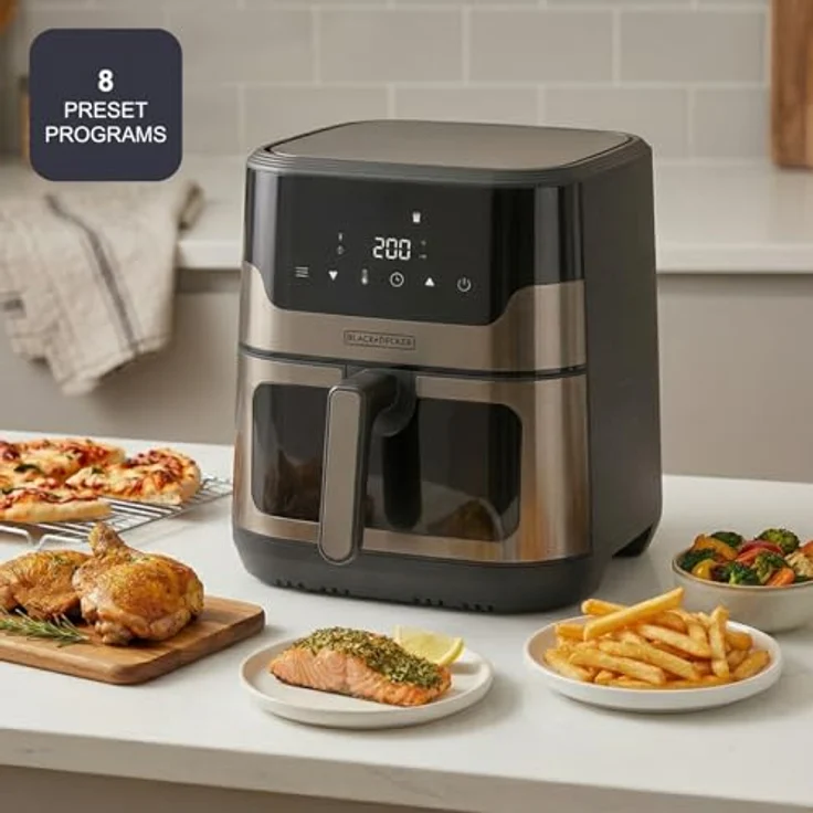Black+Decker Bxaf8001e Heißluftfritteuse, 1700 Watt, digitaler Touchscreen, 8 Automatikprogramme, ölfreies Kochen, Sichtfenster, EU Plug 220V – Bild 2