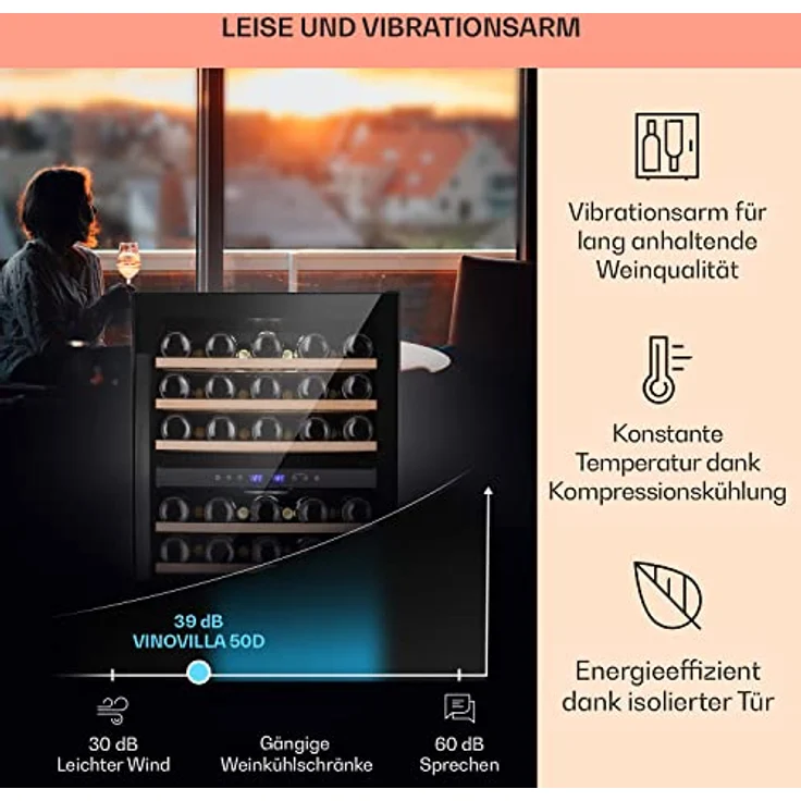 Klarstein Vinovilla 50 Duo, Zweizonen-Weinkühlschrank mit 53l für 17 Flaschen, 3-Farben Glastür, Energiefreundlich und leise – Bild 4