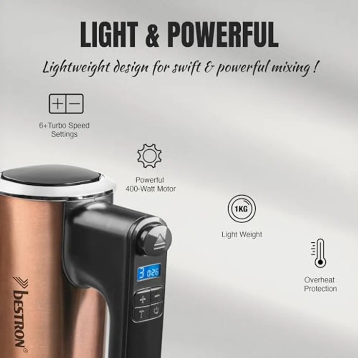 Bestron Power Handmixer AHMD100CO, 400W mit 6 Geschwindigkeitsstufen, Turbo-Funktion & LCD-Display, inkl. 2 Schneebesen & 2 Knethaken, leichtgewichtig, Farbe: Kupfer – Bild 5