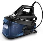 Rowenta Powersteam VR8315 Hochdruck-Bügelstation 6,2 bar, Dampfstoß 340 g/min, Dauerdampfleistung 120 g/min MicroSteam Sohle mit 1,7 l Behälter und Eco-Modus, für alle Textilien, Schwarz/Blau