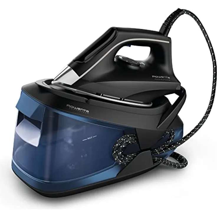Rowenta Powersteam VR8315 Hochdruck-Bügelstation 6,2 bar, Dampfstoß 340 g/min, Dauerdampfleistung 120 g/min MicroSteam Sohle mit 1,7 l Behälter und Eco-Modus, für alle Textilien, Schwarz/Blau
