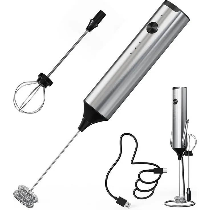 TUWENA Milchaufschäumer Stab elektrisch, USB-C wiederaufladbar, silberstahl, für alle Milchsorten