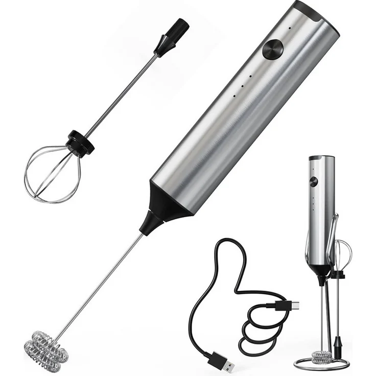 TUWENA Milchaufschäumer Stab elektrisch, USB-C wiederaufladbar, silberstahl, für alle Milchsorten