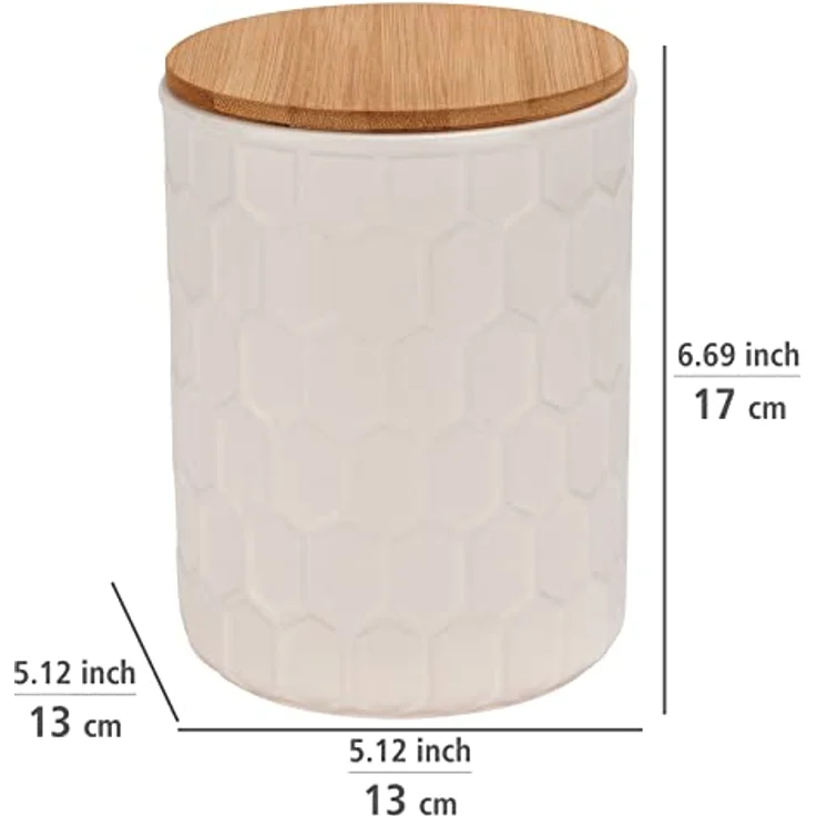 WENKO Aufbewahrungsdose Maya aus hochwertiger weißer Keramik mit Wabenstruktur, spülmaschinengeeignete Dose mit luftdicht verschließbarem Deckel aus Bambus, FSC® zertifiziert, 1,3 L, Ø 13 x 17 cm – Bild 4