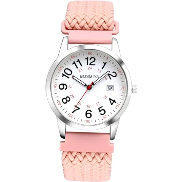 JewelryWe Geflochtene Elastische Damenuhr/Herrenuhr, Analog Quarz mit Kalender, Rosa Gewebtes Stretcharmband, Große Ziffern und Datumsanzeige, 12/24 Stunden – Bild 1