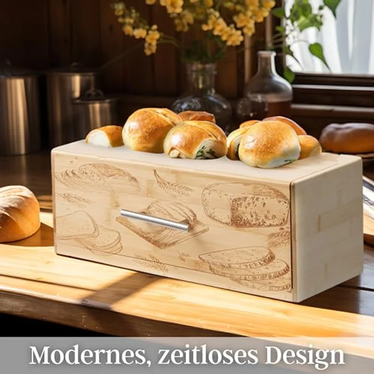 ecosa Brotbox aus nachhaltigem Bambus mit Edelstahlgriff und herausnehmbarer Krümelschublade, Brotkasten in Naturfarben - Preisvergleich – Bild 5