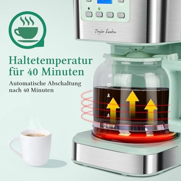 Taylor Swoden Kaffeemaschine TS-12, 1.5L Filterkaffeemaschine mit Timer, 12 Tassen, Tropf-Stopp, Heizplatte, BPA-frei, grün – Bild 5