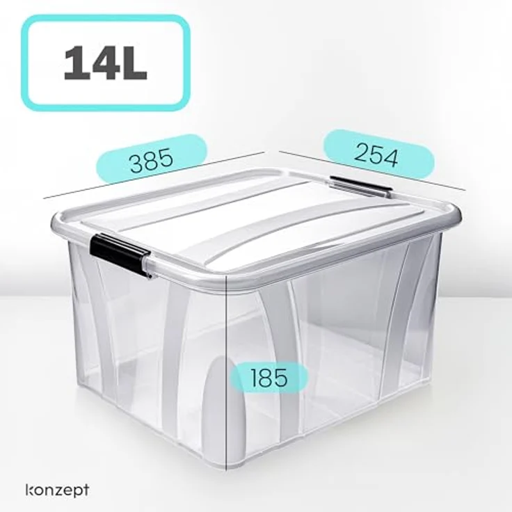 KONZEPT Aufbewahrungsbox 14 L mit Deckel, transparente Kunststoffbox, stapelbar, BPA-frei, verstärkter Boden, robuste Verschlussclips – Bild 2