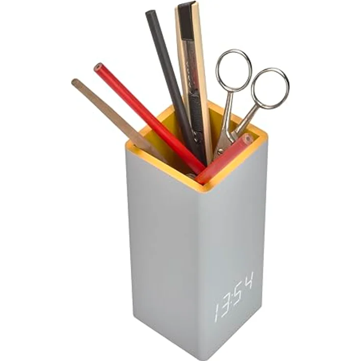 TFA Dostmann Digitaler Wecker Clocco Desk, multifunktionaler Stifte Organizer mit Innenthermometer, Datumsanzeige und Quarzuhr, grau – Bild 3