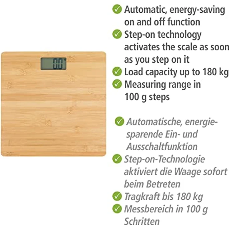 WENKO Personenwaage Bambusa, digitale Holzwaage aus echtem Bambus, mit LCD-Display, Körperwaage für ein warmes Fußgefühl, Personenwaage bis zu 180 kg, Waage inkl. Batterien, 30 x 2,7 x 30 cm, Natur – Bild 3