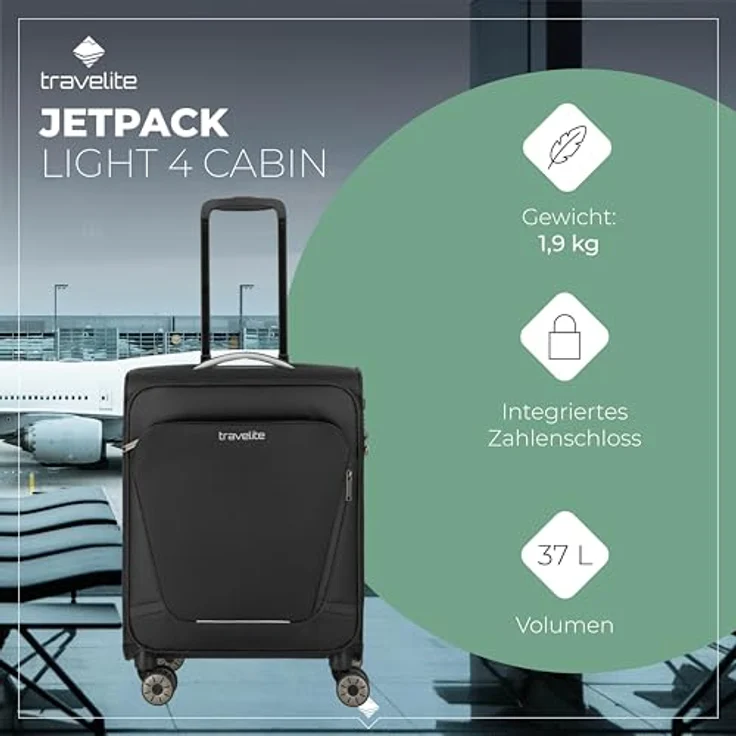 Travelite Jetpack Handgepäck Koffer, 4 Rollen, 55x40x20 cm, 37 l, integriertes Zahlenschloss, schwarz, superleichtes Weichgepäck mit Aufsteckfunktion, ideal für Condor + Ryanair – Bild 2