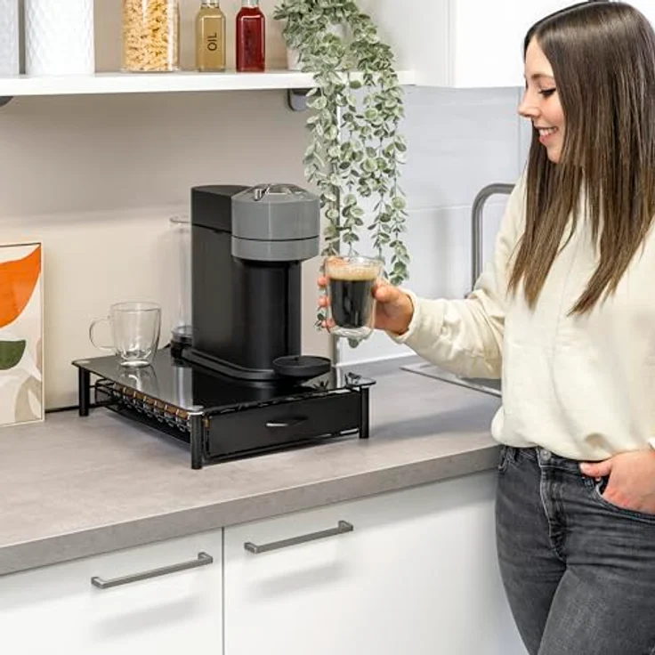 eluno Kapselhalter für 40x Nespresso Vertuo, Schubladenbox mit Glasplatte und Metallstandfuß, praktische Kaffeekapselbox in schwarz, ca. 33,5 x 9 x 41 cm (B/H/T) – Bild 2