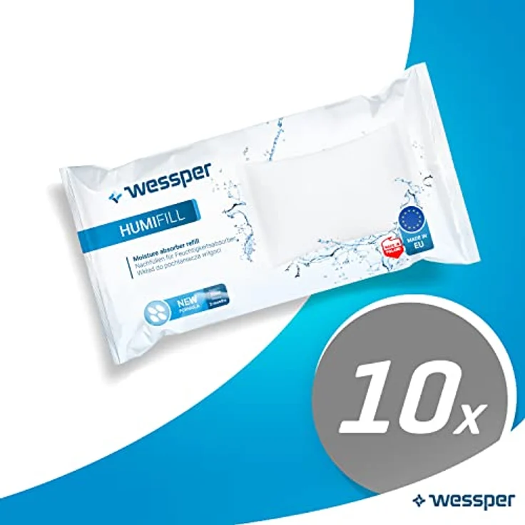 Wessper Humifill Klassischer Luftentfeuchter Nachfüllpack, Raumluftentfeuchter passend für alle Absorber, Feuchtigkeits-Stopper Autos, Büro, Keller, Lager, Wohnräume 10 Stück, 250g, Weiß – Bild 2