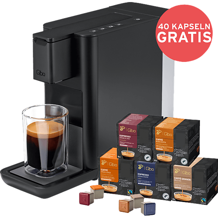 TCHIBO Qbo ICONIC Kapselmaschine, hochfunktionale Brühtechnologie, Schwarz, inkl. 40 Kapseln