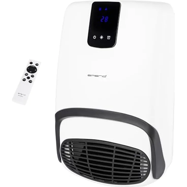 Emerio BH-123818 Bad Heizlüfter, 2000W, für Räume bis 20 m², IP23, 2 Heizstufen, einstellbarer Thermostat, 24h Timer, Handtuchhalter, Wandmontage, Ventilatorfunktion, Touch Display