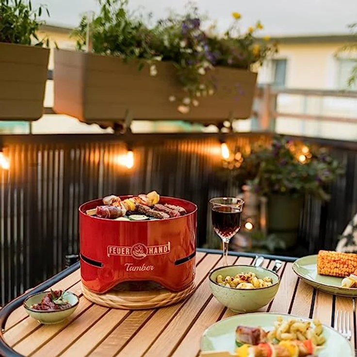 Feuerhand Tischgrill Tamber in Rot | Emaille Grillrost | Anti-Haft | raucharme Verbrennung | Ablaufrillen | mit Tischgrill-Kohle – Bild 4