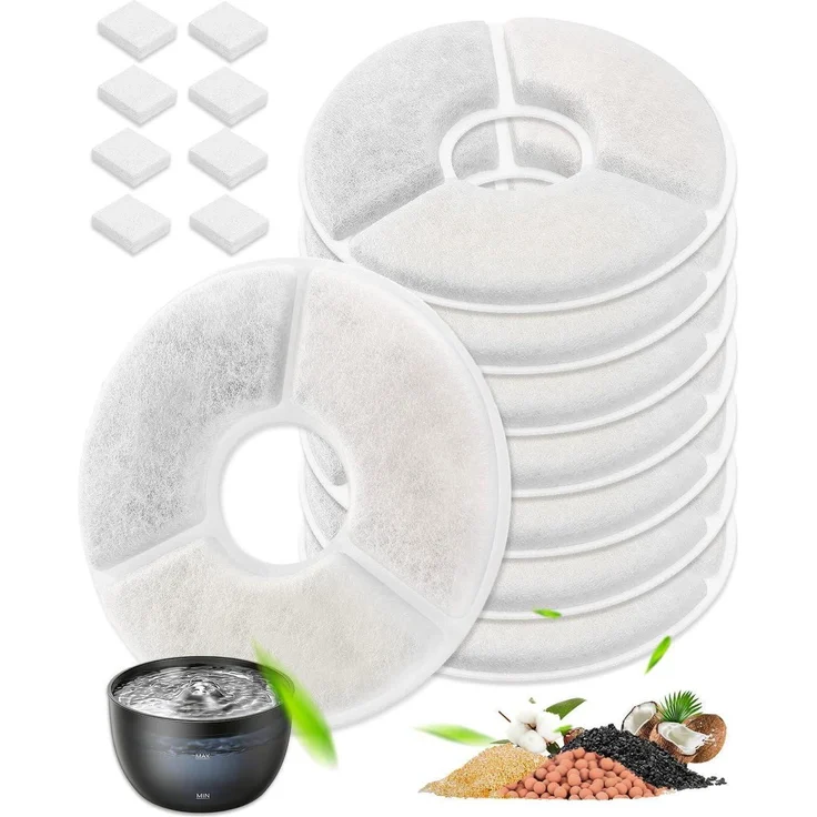 FEELNEEDY 8+8 Stück Ersatzfilter für Trinkbrunnen 3L, 5-stufige Filterung mit Aktivkohle und Ionenaustauscherharz, Weiß
