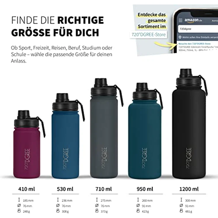 720°DGREE Edelstahl Trinkflasche Kinder 530ml “noLimit” - Auslaufsicher, BPA-Frei, Thermosflasche für Schule und Sport, inklusive Gratis Sportdeckel – Bild 3