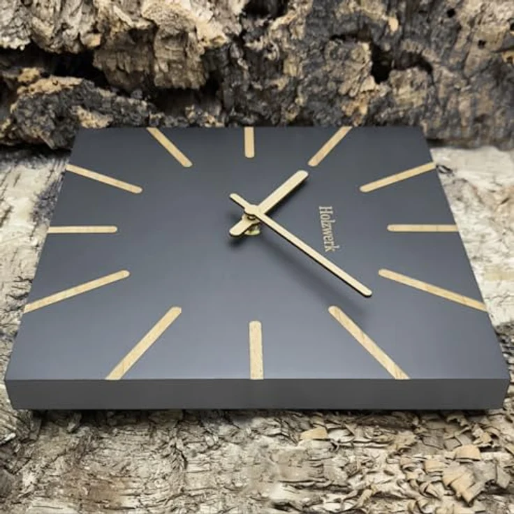 Holzwerk Wanduhr Eckige Designer Holz Quarzwanduhr, fast lautloses Quarzwerk, 25 cm, Braun/Grau/Beige – Bild 6