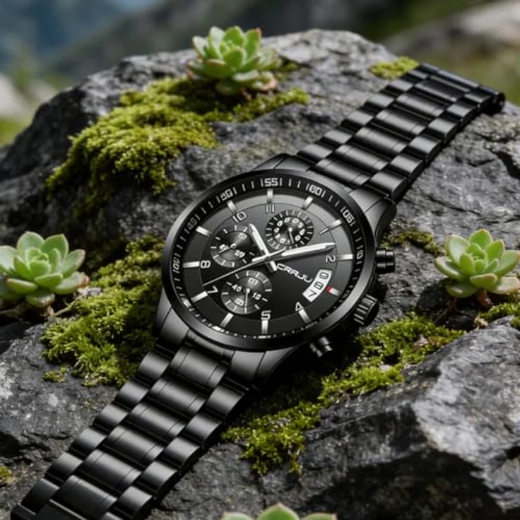 CRRJU Herren Chronograph Armbanduhr, wasserdicht, Edelstahlarmband, analoges Quarzwerk mit Kalender, schwarz – Bild 2