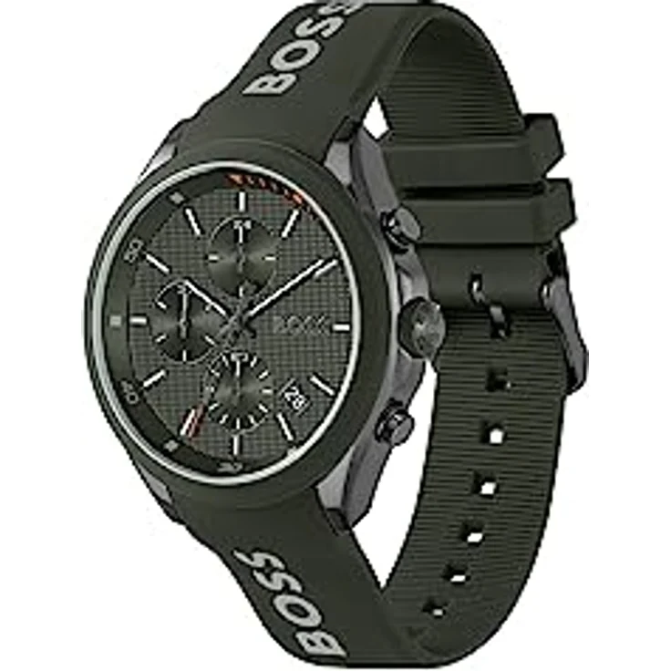 BOSS Chronograph Quarz Uhr für Herren, olivengrünes Zifferblatt und Silikonarmband, wasserabweisend bis 5 bar, 44 mm Gehäuse – Bild 2
