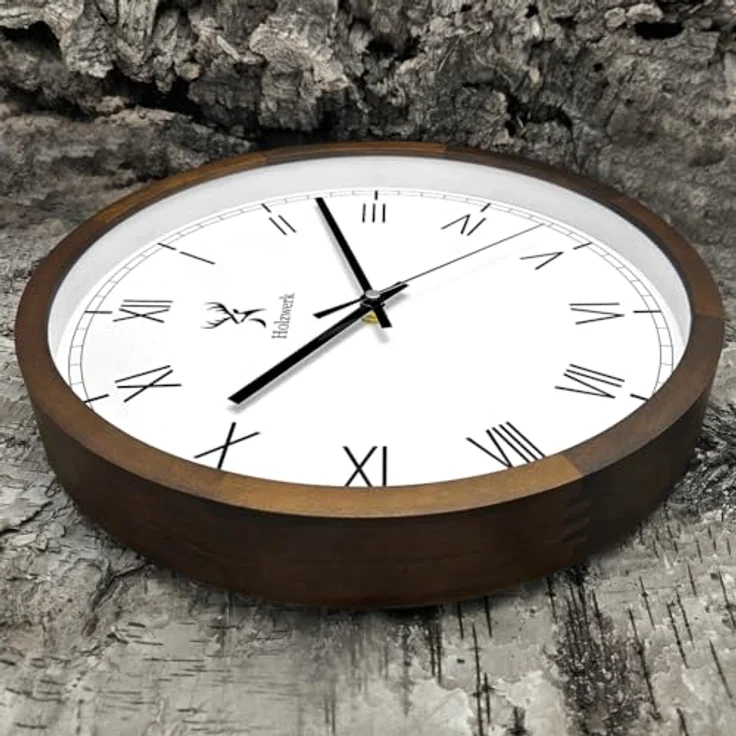 Holzwerk Germany Natur Holz Wanduhr Holz-Uhr Vintage lautloses Uhrwerk ohne Tickgeräusche römische Ziffern Braun Weiß lautlos aus handgefertigtem Massivholz Natur Holz 30 cm (Römisch.Braun) – Bild 2